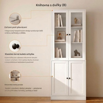 Knižnica so sklenenými dvierkami XFT-001, 39,3 x 61,4 x 183 cm, biela - A