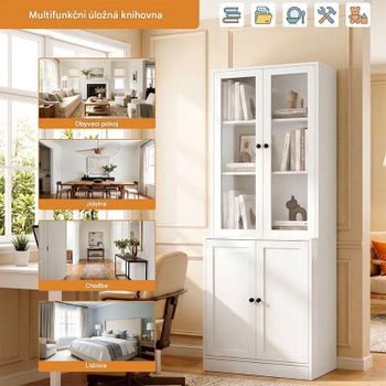 Knižnica so sklenenými dvierkami XFT-001, 39,3 x 61,4 x 183 cm, biela - A