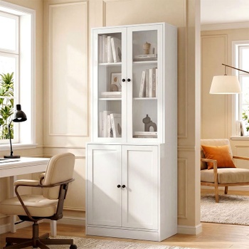 Knižnica so sklenenými dvierkami XFT-001, 39,3 x 61,4 x 183 cm, biela - A