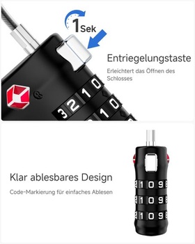 LUGGEX Kombinačný zámok, TSA zámok na kufor s flexibilným oceľovým lankom, visiaci zámok s