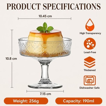 Skleněné dezertní misky, sada 6 kusů, kelímky na zmrzlinu s podstavcem na dezert, 350 ml