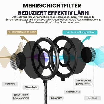 Aokeo pop filtr pro mikrofon, třívrstvý větruodolný pop filtr s flexibilním 360° tlakově litým