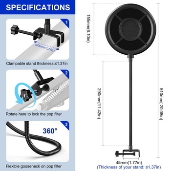 Aokeo pop filtr pro mikrofon, třívrstvý větruodolný pop filtr s flexibilním 360° tlakově litým