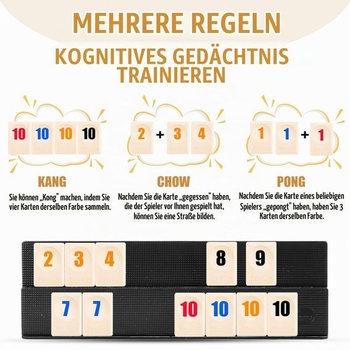 Hra Rummy, cestovná sada Rummy s 1 úložným vakom, 4 stojany, 106 hracích figúrok, klasická prenosná