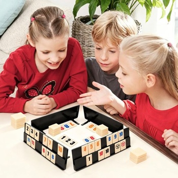 Hra Rummy, cestovná sada Rummy s 1 úložným vakom, 4 stojany, 106 hracích figúrok, klasická prenosná
