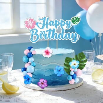 Sada havajských ozdôb na torty, 39 kusov letných ozdôb na torty, havajské kvety a guličky, žiarivé