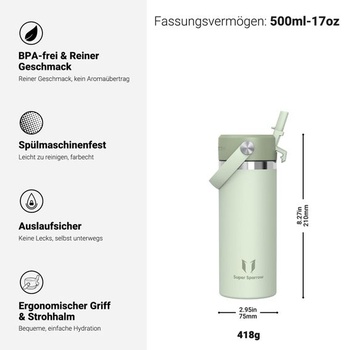 Dětská nerezová láhev na pití Sparrow 500ml Termoska s brčkem 500ml Aloe