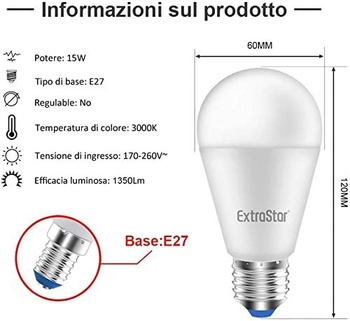 LED žiarovka EXTRASTAR E27, 15W, 3000K 1200 lúmenov, balenie po 6 kusoch, 120W teplé biele svetlo 3000K