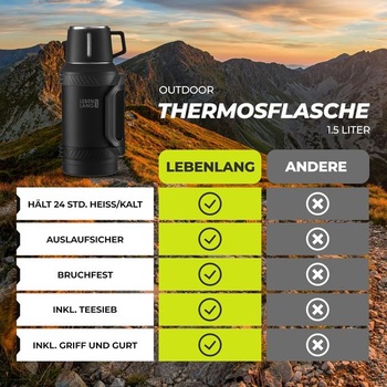 Termoska LIFETIME 1,5 litra - udrží vodu horúcu 24 hodín, obsahuje hrnček, nálevník na čaj, popruh