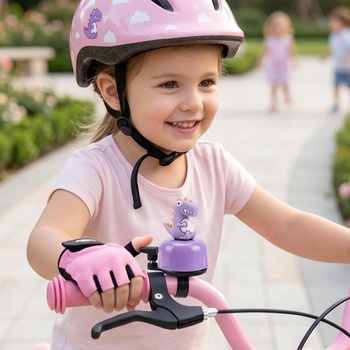 Fialový zvonček na bicykel s dinosaurom, hlasný zvonček na detské bicykle, odrážadlá, kolobežky, trojkolky,