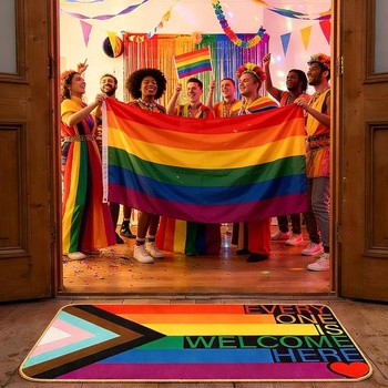 Dúhová rohožka Vítaní sú tu všetci, rohožka Pride Welcome, protišmyková prateľná rohožka,