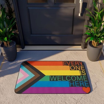 Dúhová rohožka Vítaní sú tu všetci, rohožka Pride Welcome, protišmyková prateľná rohožka,