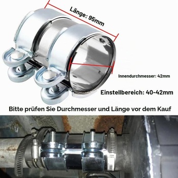 Spojka výfukové trubky 42mm, výfuková svorka z nerezové oceli 42mm x 95mm
