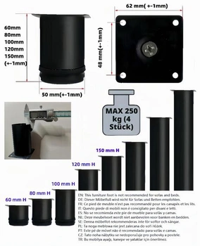 4 nastavitelné nábytkové nohy, výškově nastavitelné nohy (0-15 mm) - nerezová ocel (0,6 mm) - ABS