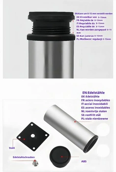 4 nastavitelné nábytkové nohy, výškově nastavitelné nohy (0-15 mm) - nerezová ocel (0,6 mm) - ABS