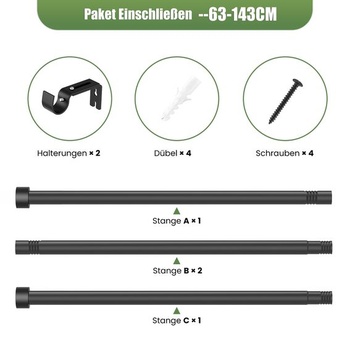 Čierna tyč na záclony, 16 mm, teleskopická tyč 63-143 cm