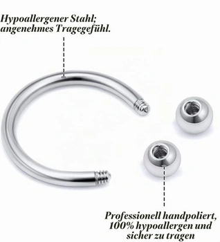 4 páry piercingů do nosu a septa ve tvaru podkovy, 16G 6/8/10/12mm piercing do rtu, tragus helix,