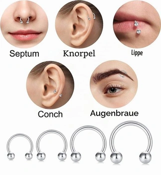 4 páry piercingů do nosu a septa ve tvaru podkovy, 16G 6/8/10/12mm piercing do rtu, tragus helix,