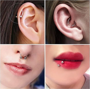 4 páry piercingů do nosu a septa ve tvaru podkovy, 16G 6/8/10/12mm piercing do rtu, tragus helix,
