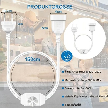 Stmievač LED Powice s vypínačom, 1,5m stmievací kábel, plochá euro zástrčka pre LED žiarovky,