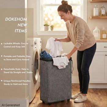 DOKEHOM 52L úzky kôš na bielizeň na kolieskach, mobilný kôš na bielizeň, ľanová šedá/M 52L/Slim