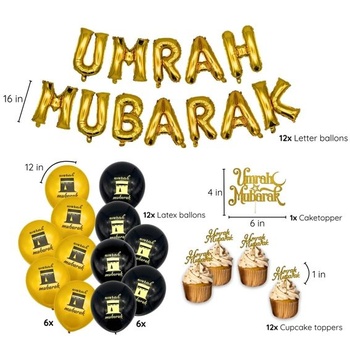 Umrah Mubarak Deko (L), Dekorations Set, Folienballons, tortový toner, cupcake topper, Ballons
