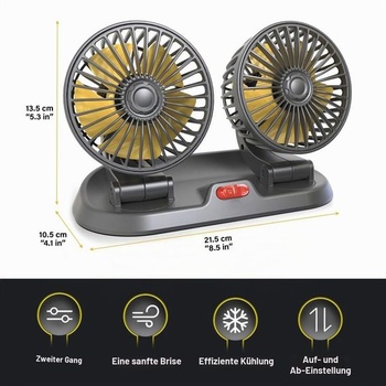 Ventilátor do auta Lotvic, 12V ventilátor s dvojitou hlavou, otočný o 360 stupňů se 2 rychlostmi,