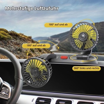 Ventilátor do auta Lotvic, 12V ventilátor s dvojitou hlavou, otočný o 360 stupňů se 2 rychlostmi,