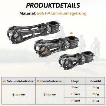 Nastaviteľný predstavec riadidiel TRIWONDER 60°, 25,4 mm/31,8 mm, 90 mm 110 mm 130 mm, hliníkový