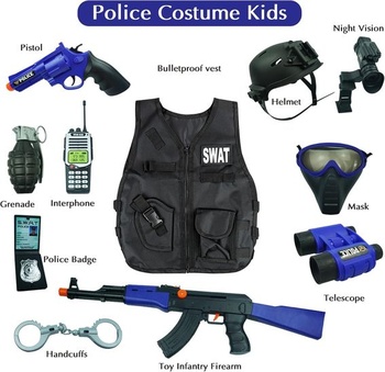 Detský policajný kostým RedCrab s vestou, čiapkou, hračkami s granátmi, putami, vysielačkou, odznakom a