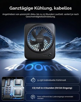 Tichý stolný ventilátor Otlonpe, dobíjací prenosný stolný ventilátor 4000 mAh, 4-stupňový malý