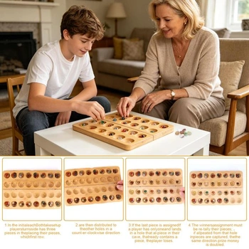 Skládací hra Kalaha s 65 kameny, desková hra Kalaha s kameny, dřevěná hra Mancala, hra s oblázky,