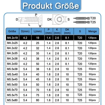 120 samovrtných šroubů Torx M4,2x19 mm, samořezné šrouby se zapuštěnou hlavou M4,2x19 – 120 ks