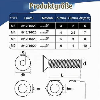 50 kusů zapuštěných šroubů M4X20mm s vnitřním šestihranem z nerezové oceli M4X20 - 50 ks