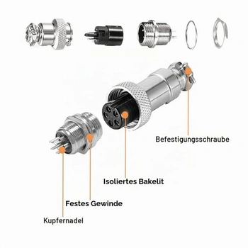 10dílná sada leteckých konektorů GX12, 12mm závitové kovové letecké kabelové konektory, sada
