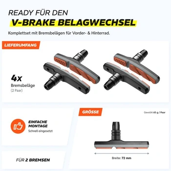 Brzdové destičky V-Brake pro jízdní kola, 72 mm, jemně nastavitelné, 2 páry pro Shimano, brzdové