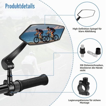 Súprava 2 cyklistických zrkadiel – otočné o 360° a širokouhlé HD spätné zrkadlo, univerzálna