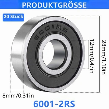 20 ks kuličkových ložisek 12x28x8 mm, ložisko 6001 2RS Dvojitě chráněná kuličková ložiska s
