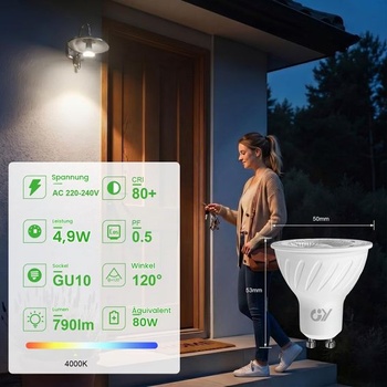 LED žiarovka GY GU10 s pohybovým senzorom, 4,9 W (nahrádza 80 W), 790 LM, 4000 K neutrálna biela,