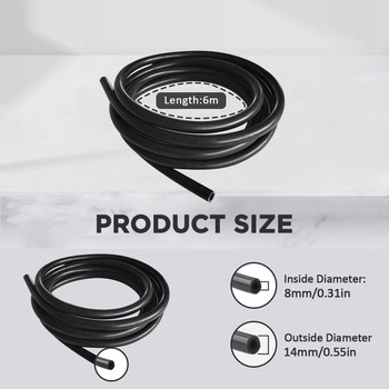 6 metrov podtlakové hadice pre vozidlá, vnútorný priemer 8 mm, vonkajší priemer 14 mm, čierna.