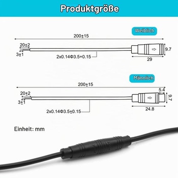 5 ks vodotesných 2pinových konektorov IP65, 20cm 2pinový zástrčkový kábel so zásuvkou, 2pinový