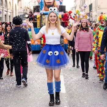 Kostým Cookie Monster pre ženy, čelenka s monštrom, modrá tutu sukne, návleky na nohy, náhrdelník s