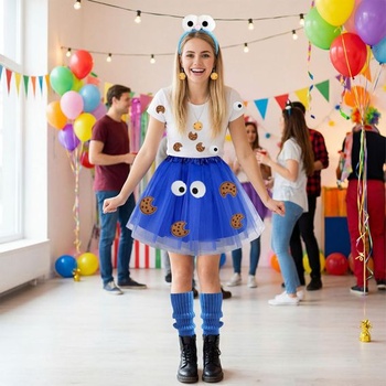 Kostým Cookie Monster pre ženy, čelenka s monštrom, modrá tutu sukne, návleky na nohy, náhrdelník s