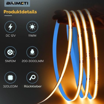 BRIMETI LED pásik 12V 10M LED pásik COB samolepiaca teplá biela 3000K šírka 8mm 320 LED/m, flexibilná