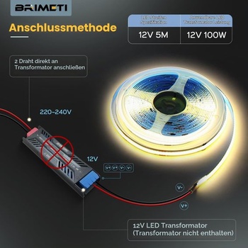 BRIMETI LED pásik 12V 10M LED pásik COB samolepiaca teplá biela 3000K šírka 8mm 320 LED/m, flexibilná