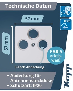 Kopp PARIS 3násobný kryt pre anténnu zásuvku - Arktická biela - 5,7 x 5,7 cm - Vysoko kvalitné