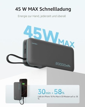 Powerbanka CUKTECH, 45W 20000mAh Powerbanka s integrovaným káblom USB-C, batéria s funkciou rýchleho