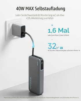 Powerbanka CUKTECH, 45W 20000mAh Powerbanka s integrovaným káblom USB-C, batéria s funkciou rýchleho