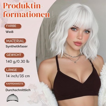 RUWISS Krátká vlnitá bob paruka pro ženy s ofinou, bílá 35 cm syntetické kudrnaté vlasy paruky pro