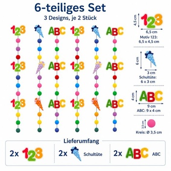 ALEGRE® 6dílná školní girlanda, školní dekorace 2026 pro chlapce a dívky, cukrové kornouty 123 ABC